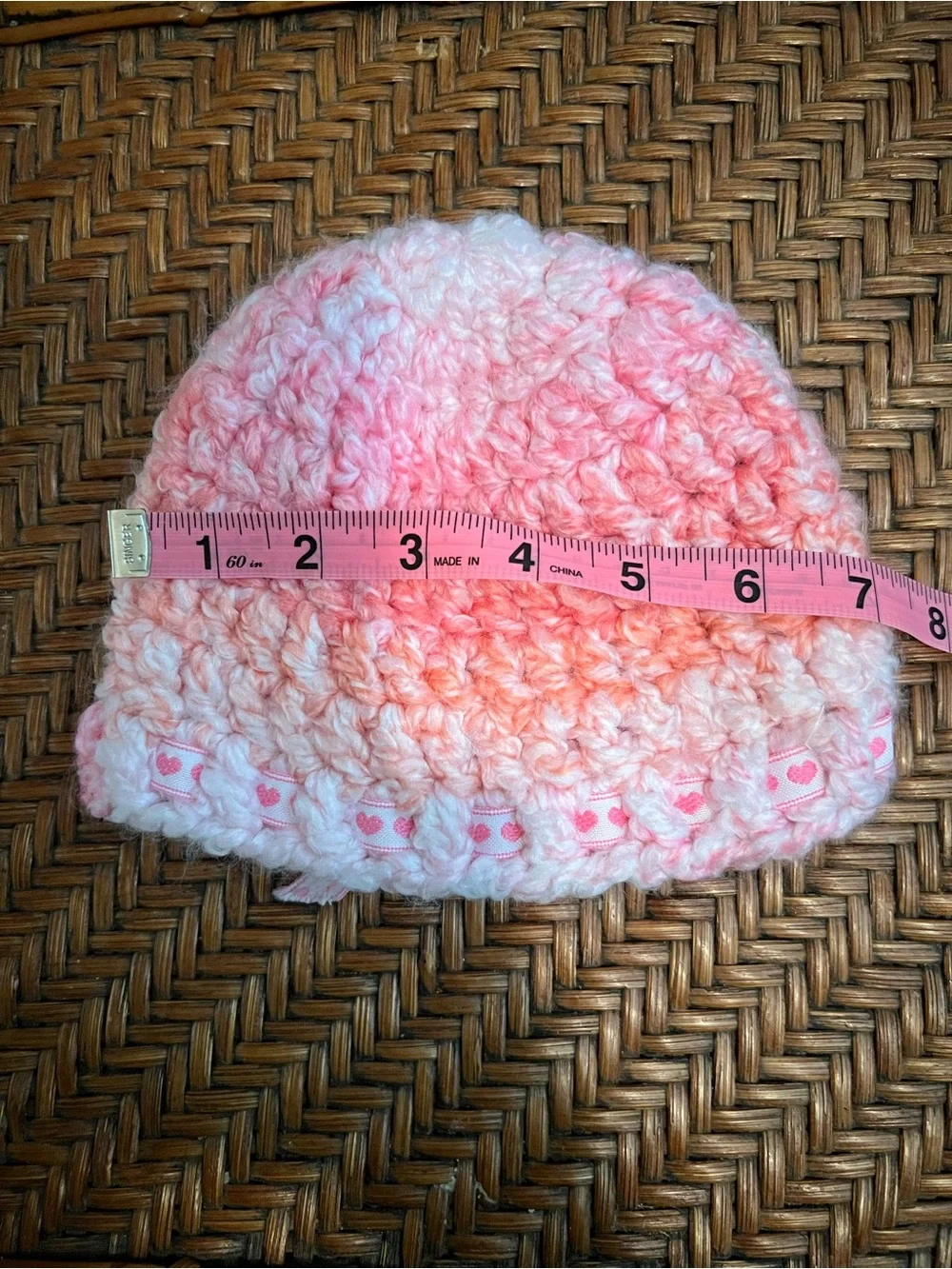 NEW Handmade Pink Ombre Crochet Baby Beanie with Heart Ribbon